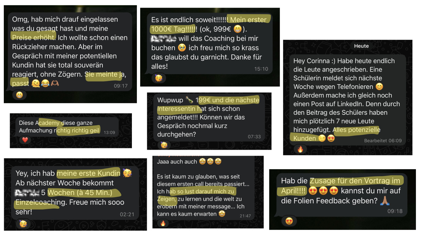 Sammlung vollständiger WhatsApp-Nachrichten von Kundinnen mit ihrem Feedback zur Academy